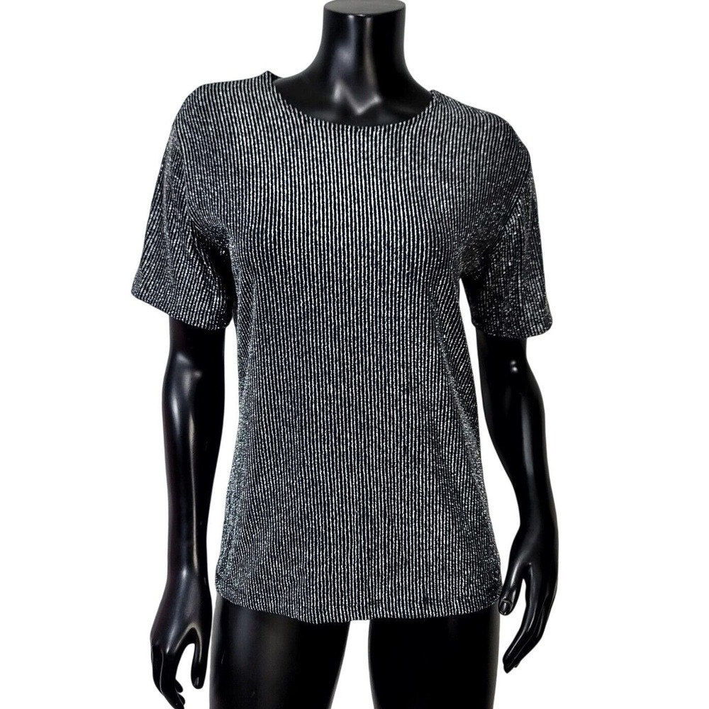 90s Impressions Lifestyle M Black Silver Metallic Ribbed Shirt Club Rave Disco